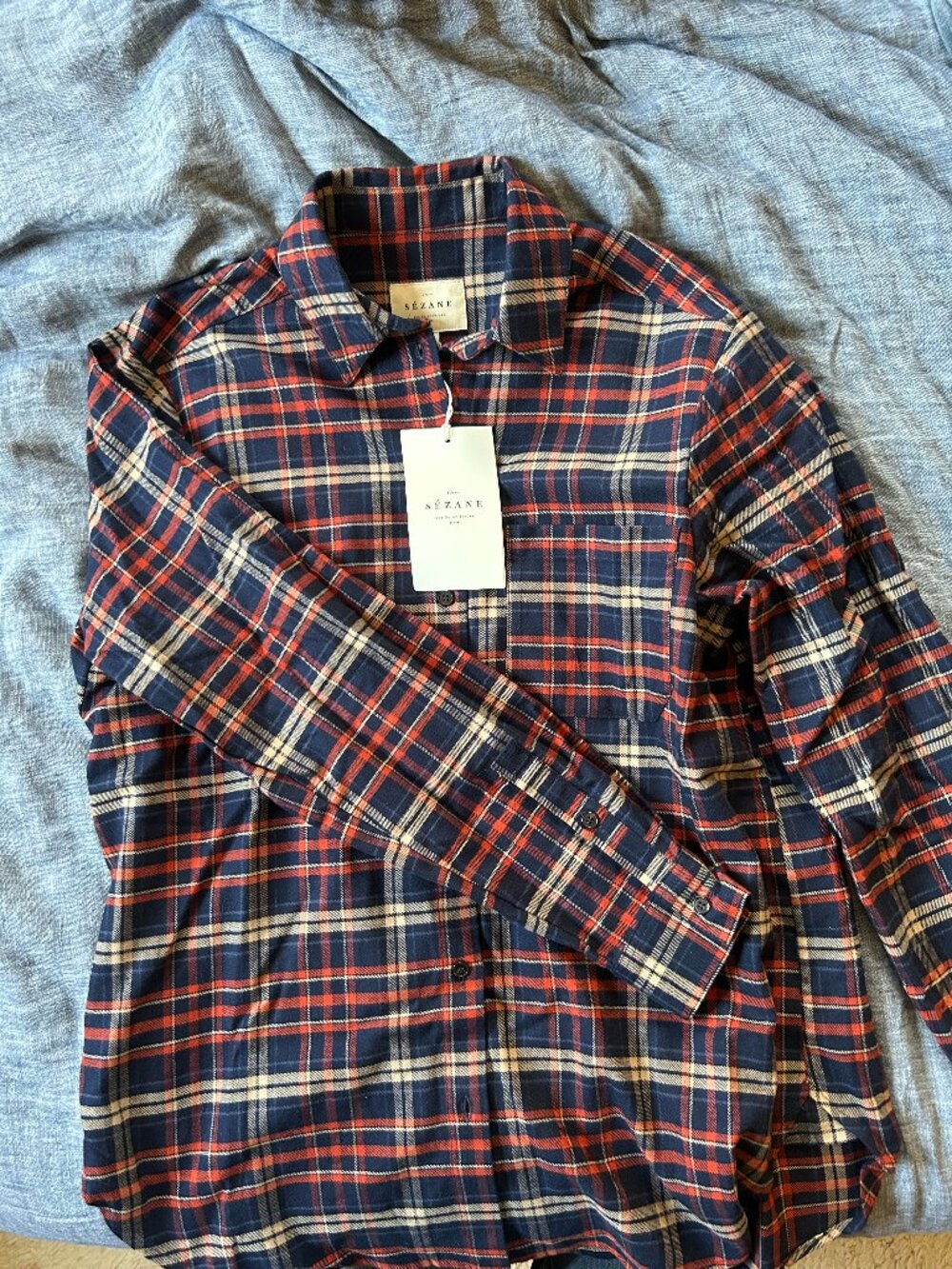 NWT Sezane Max Button up Shirt Carreaux Brique Marine Ecru Plaid Sz 34